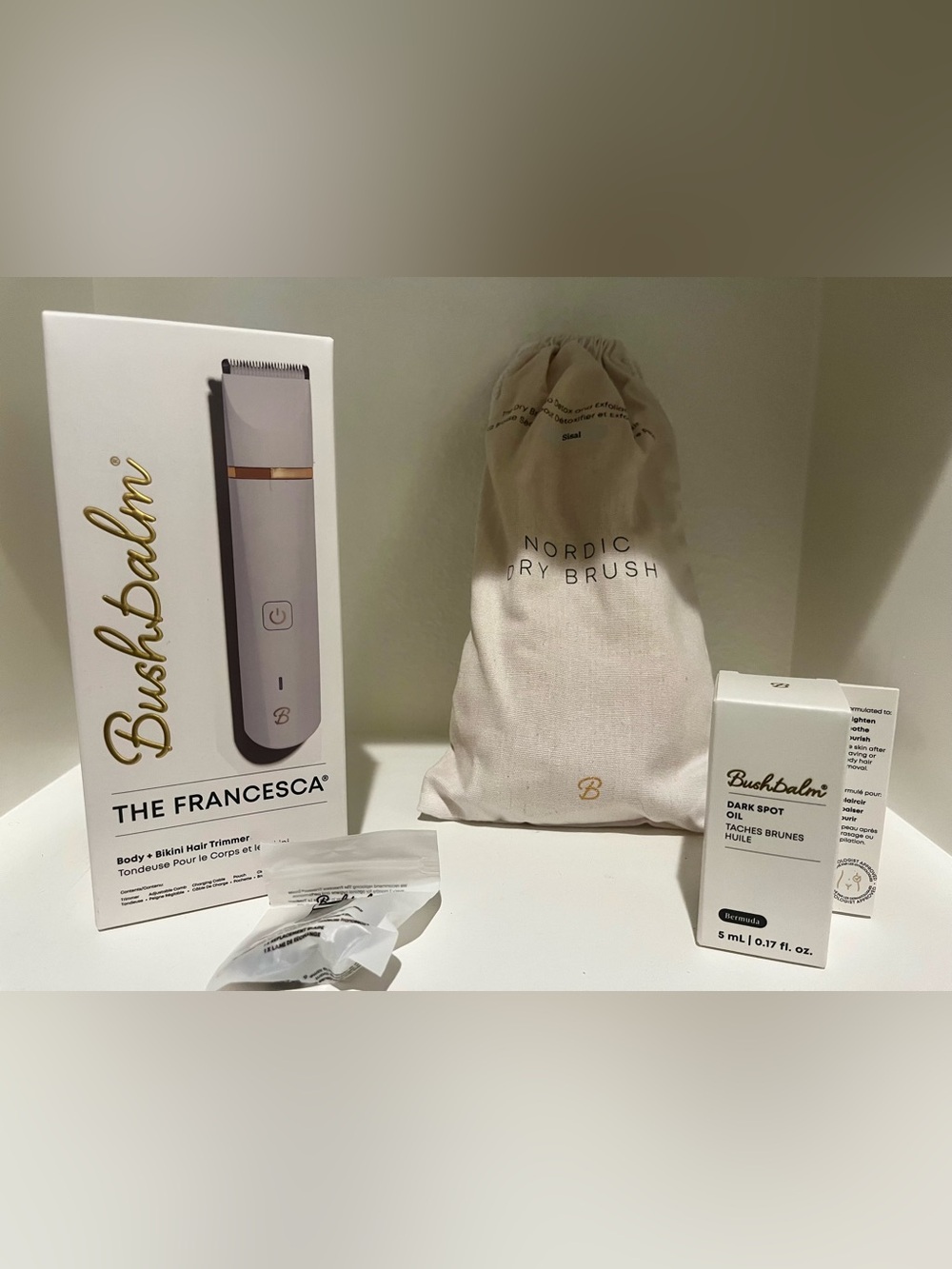NIB Bushbalm Body Care Bundle Francesca Trimmer Nordic Dry Brush Dark Spot Oil - Picture 2 of 5